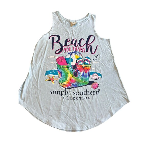 Simply Southern Tank Top‎ Beach You There Ice Blue Womens Size Medium EUC #I9-3 - Picture 1 of 8